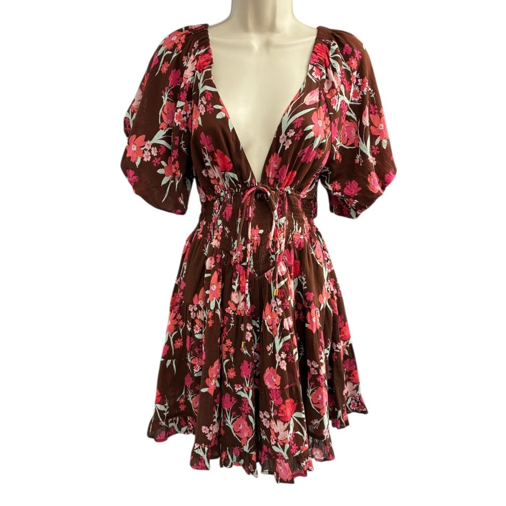 Free People Floral Open Back Smocked Mini Dress Puff Sleeve Brown Pink‎ S
